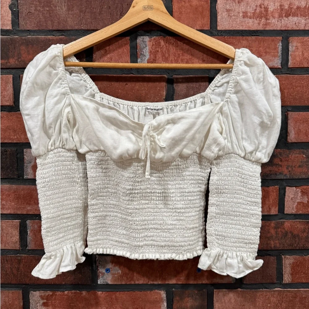 Reformation White Smocked Puff Sleeve to - Picture 6 of 6